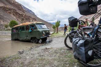 Soviet-era sturdy Uaz mini-vans are the most common form of local shared transportation to get to isolated villages in the Pamir Mountains.